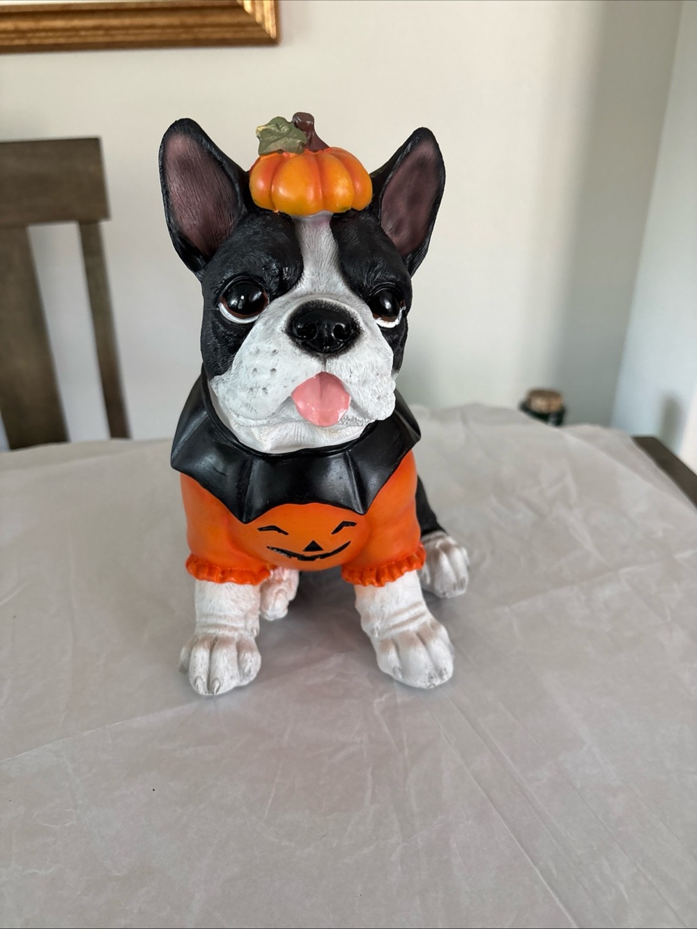 Halloween Boston Terrier Dog Figurine in Orange and Black